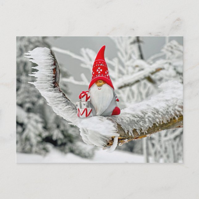 Elf in Ice Storm with Presents and Red Hat Postcard (Front)