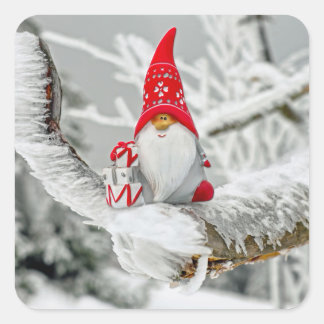 Elf in Ice Storm with Presents and Red Hat Square Sticker