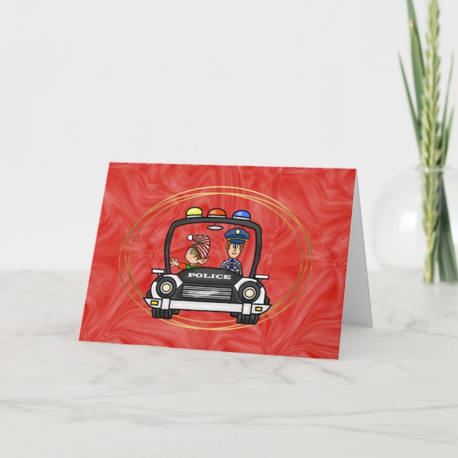 Elf in Police Car Christmas Card (Front)