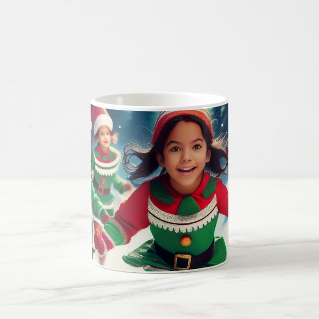 Elf Kids Running in the Snow Coffee Mug (Center)
