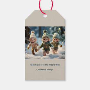 Elf Kids Running in the Snow Custom Text Gift Tags