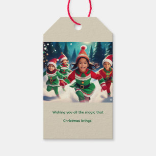 Elf Kids Running in the Snow Custom Text Gift Tags