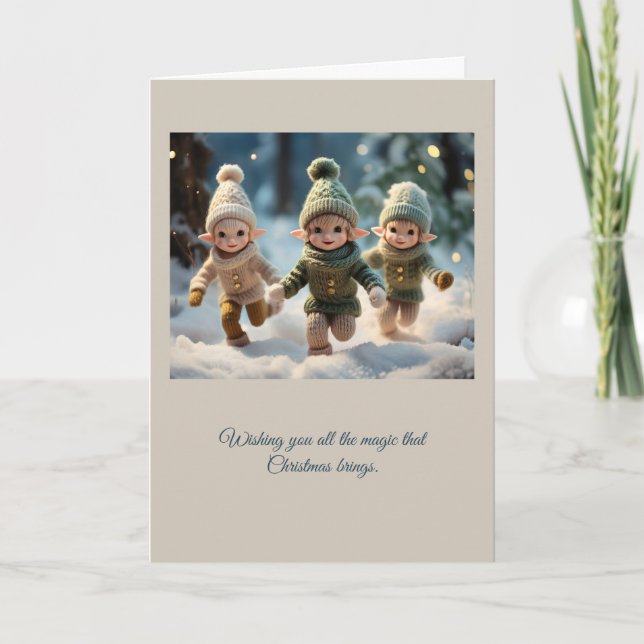 Elf Kids Running in the Snow Custom Text Holiday Card (Front)