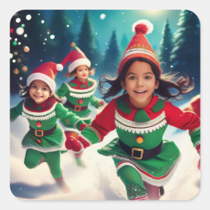 Elf Kids Running in the Snow Square Sticker