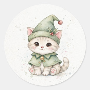 Elf Kitten Christmas Pointy Hat Classic Round Sticker