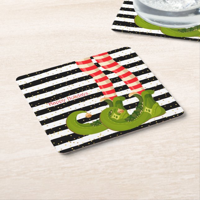 Elf Legs Black and White Stripes Christmas  Square Paper Coaster (Angled)