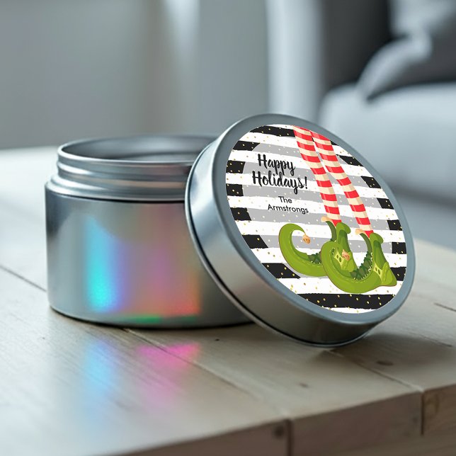 Elf Legs Happy Holidays Classic Round Sticker (Elf Legs Happy Holidays Round Stickers)