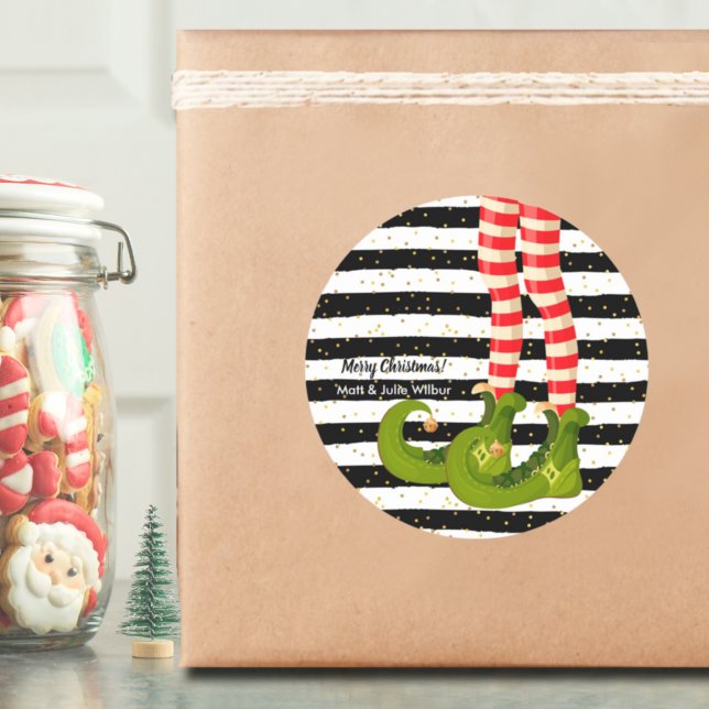 Elf Legs on Black and White Stripes Classic Round Sticker (Creator Uploaded)