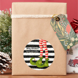 Elf Legs on Black White Stripes Classic Round Sticker