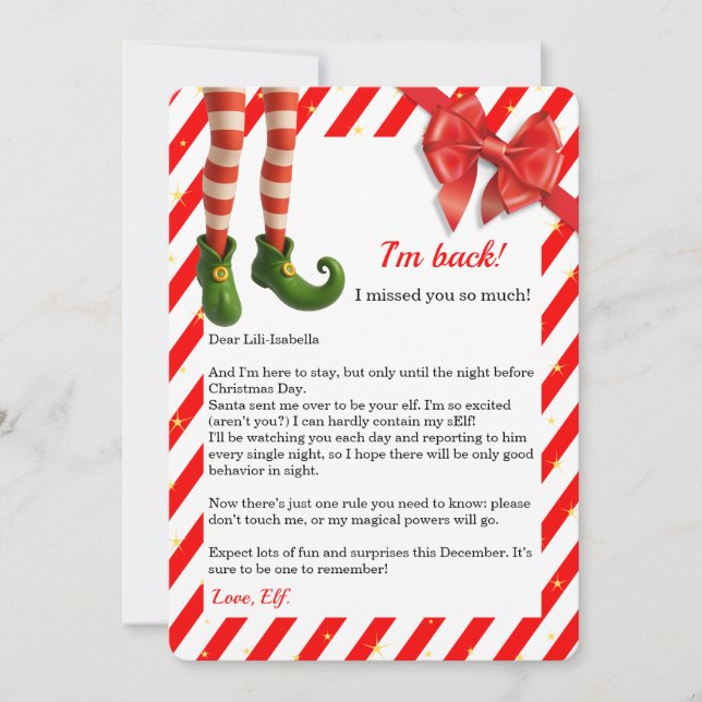 Elf Letter “I’m Back” | Funny North Pole Arrival  Holiday Card (Front)