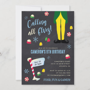 Elf Movie Kids Chalkboard Winter Birthday  Invitation