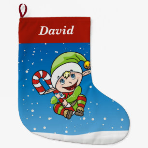 Elf on blue large christmas stocking