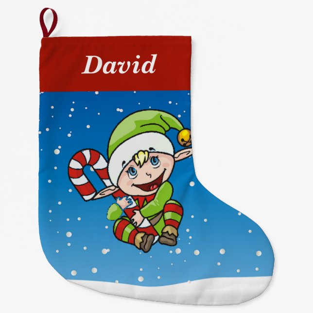 Elf on blue large christmas stocking (Front)