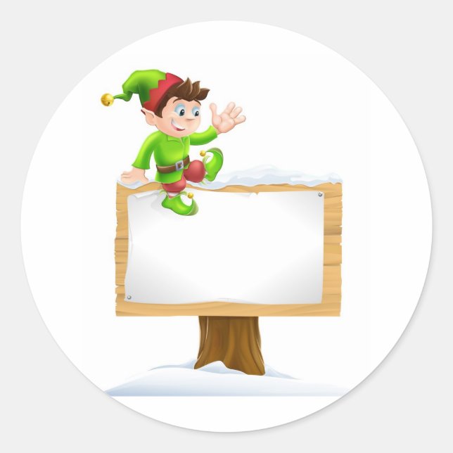 Elf on Snowy Sign Classic Round Sticker (Front)