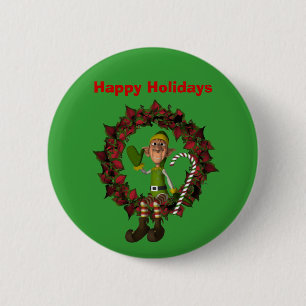 Elf On Wreath Christmas Holiday Button Pin