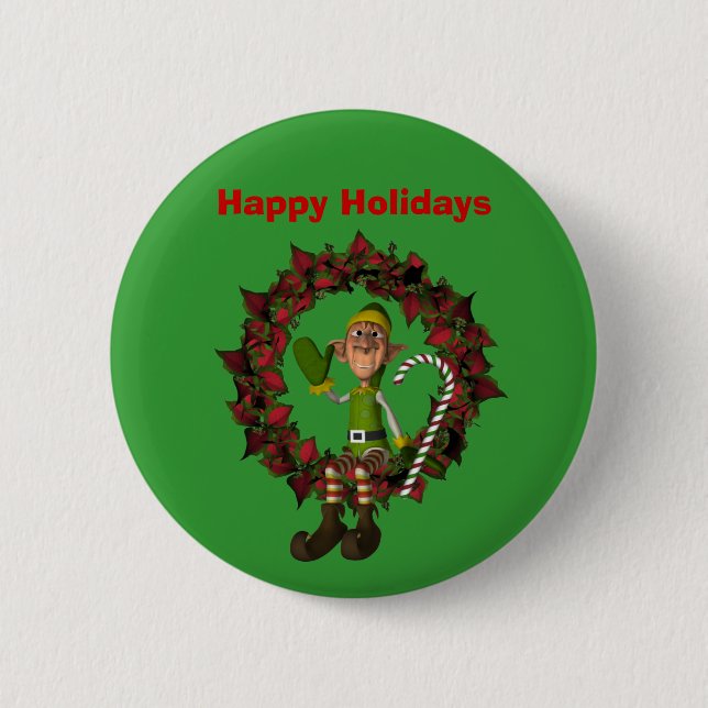 Elf On Wreath Christmas Holiday Button Pin (Front)