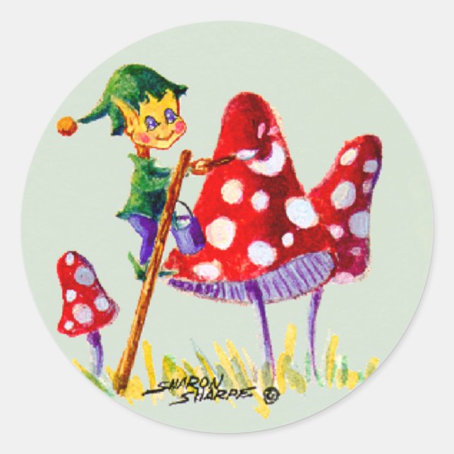 ELF PAINTING MUSHROOM by SHARON SHARPE Classic Round Sticker (Front)
