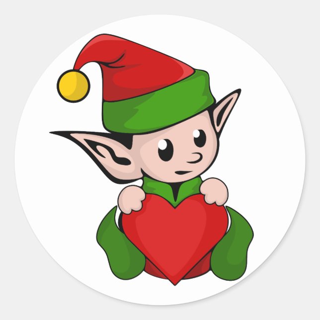 Elf red heart classic round sticker (Front)