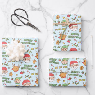 Elf, Reindeer, Santa, Merry Christmas Pattern Wrapping Paper Sheet