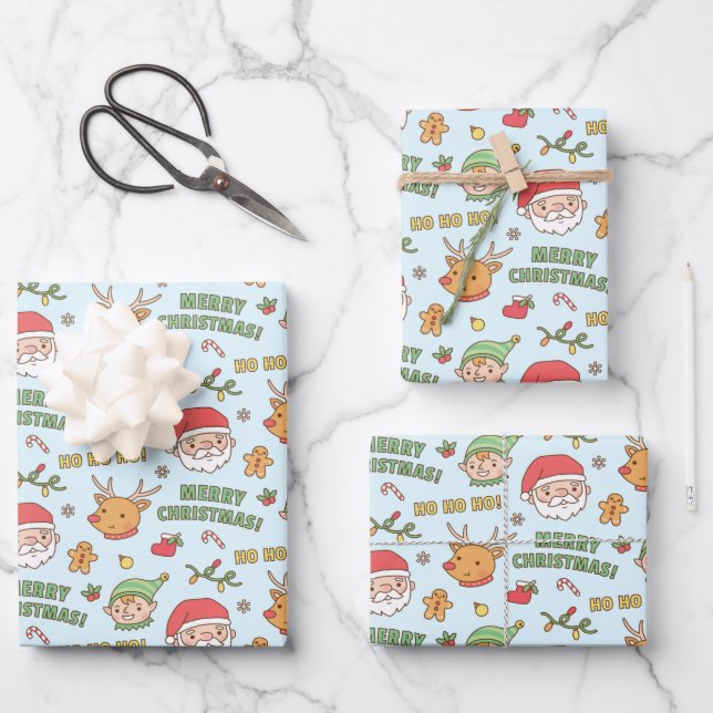Elf, Reindeer, Santa, Merry Christmas Pattern Wrapping Paper Sheet (Front)