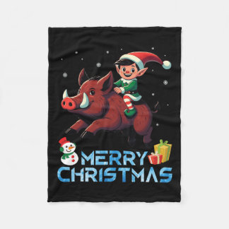 Elf Riding Boar Snowman Present Merry Christmas Da Fleece Blanket