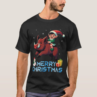 Elf Riding Boar Snowman Present Merry Christmas Da T-Shirt