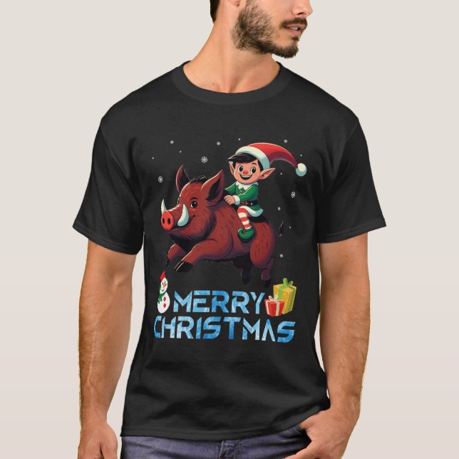 Elf Riding Boar Snowman Present Merry Christmas Da T-Shirt (Front)