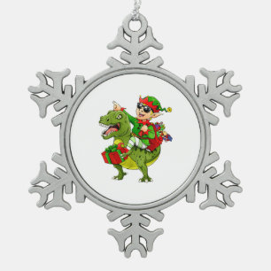 ELF Riding Dinosaur T Rex Boys Men Merry Christmas Snowflake Pewter Christmas Ornament