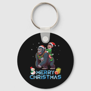 Elf Riding Gorilla Snowman Present Merry Christmas Key Ring