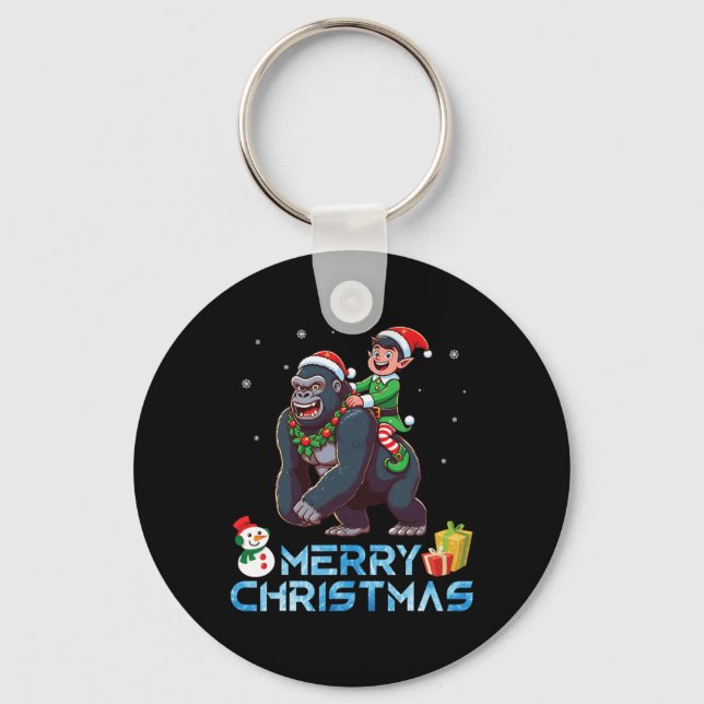 Elf Riding Gorilla Snowman Present Merry Christmas Key Ring (Front)