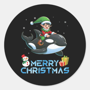 Elf Riding Orca Snowman Present Merry Christmas Da Classic Round Sticker