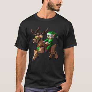 Elf Riding Reindeer Design Block Style Character P T-Shirt
