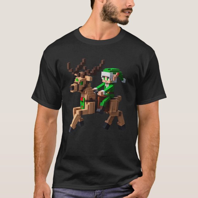 Elf Riding Reindeer Design Block Style Character P T-Shirt (Front)