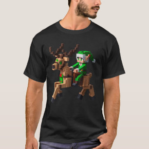 Elf Riding Reindeer Design Block Style Character P T-Shirt