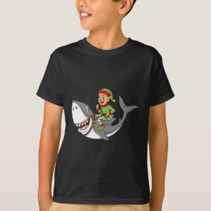 Elf Riding Shark Christmas Boys Girls Kids Xmas T-Shirt
