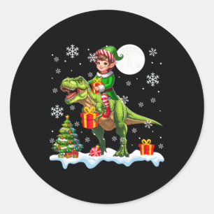 Elf Riding T-rex Christmas Tree Colourful Lights L Classic Round Sticker