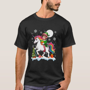 Elf Riding Unicorn Christmas Tree Colorful Lights T-Shirt
