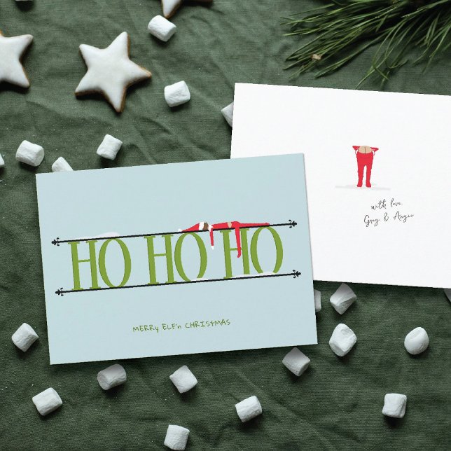 Elf Shenanigans Flat Green & Blue Christmas Card (Creator Uploaded)