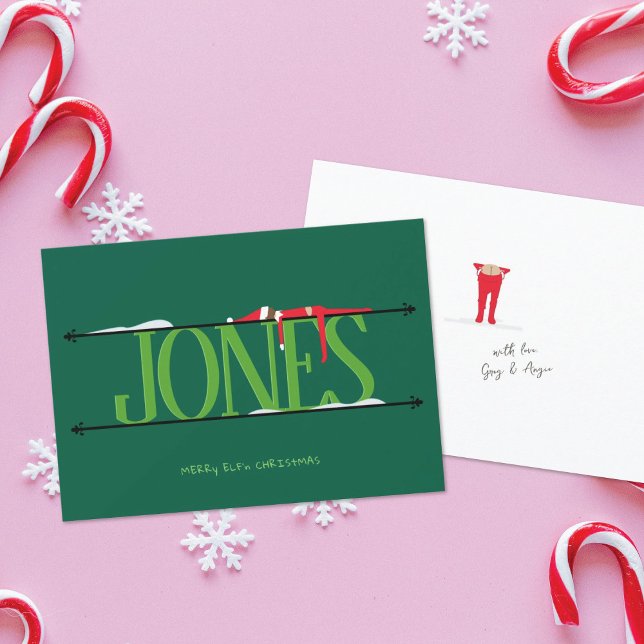 Elf Shenanigans Name Sign Hunter Green Christmas Holiday Card (Creator Uploaded)