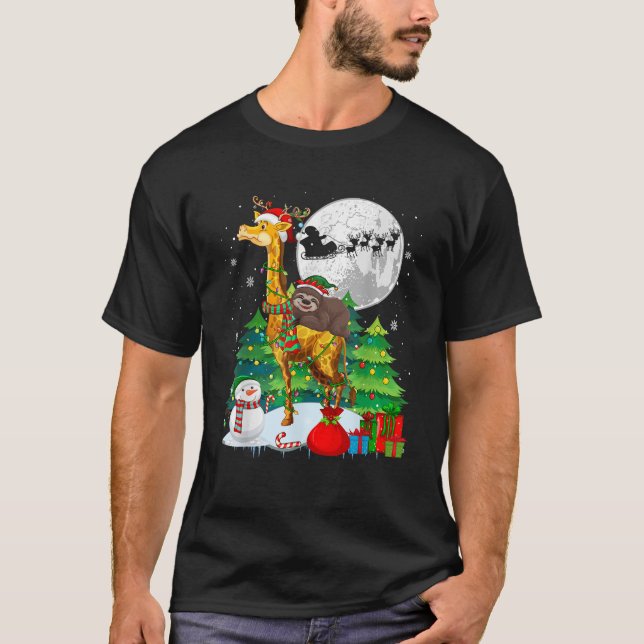 Elf Sloth Riding Santa Reindeer Giraffe Christmas  T-Shirt (Front)