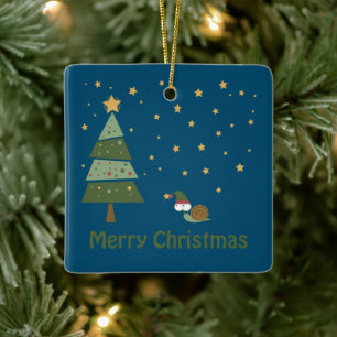 Elf Snail Christmas Scene Ceramic Ornament