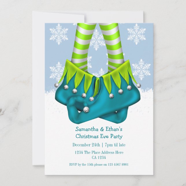 Elf Stockings And Boots Snowflake Christmas Party Invitation (Front)