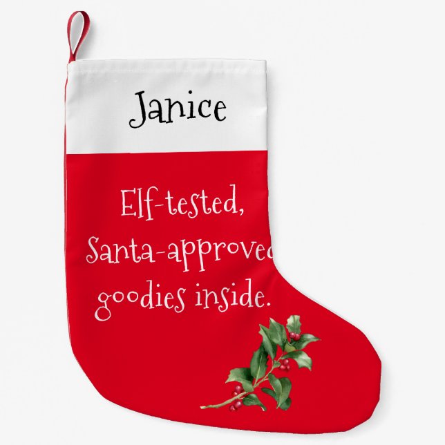 Elf-Tested, Santa-Approved Goodies Inside Small Christmas Stocking (Front)