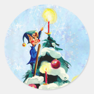 ELF TRIMMING TREE by SHARON SHARPE Classic Round Sticker