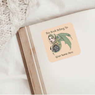 Elf Warrior Dragon Fantasy Bookplate Square Sticker