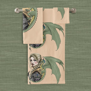 Elf Warrior Dragon Fantasy Magical Mediaeval Peach Bath Towel Set