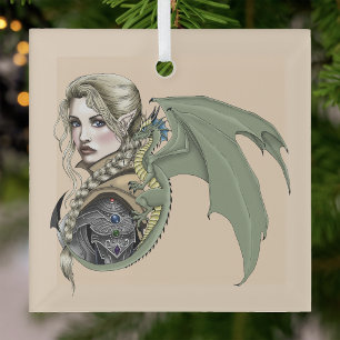 Elf Warrior Dragon Fantasy Magical Mediaeval Peach Glass Tree Decoration