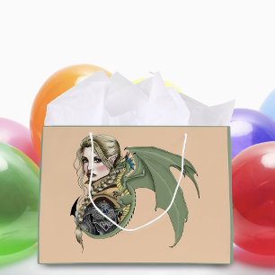 Elf Warrior Dragon Fantasy Magical Mediaeval Peach Large Gift Bag