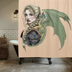 Elf Warrior Dragon Fantasy Magical Mediaeval Peach Shower Curtain