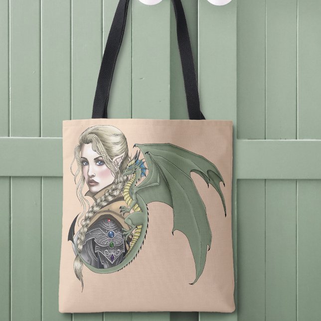 Elf Warrior Dragon Fantasy Magical Mediaeval Peach Tote Bag (Creator Uploaded)